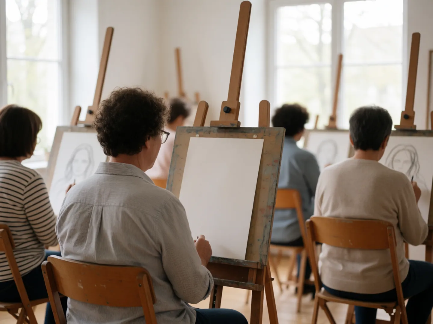 An adult art class seen from behind, people working at easels in a bright studio